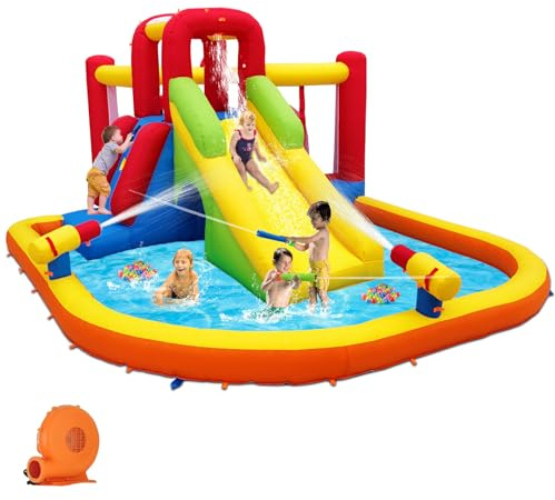 Baralir Bouncy Castle Inflatable Water Slides for Kids, Inflatable Water Park with Slide, Splash Pool, Double Water Cannon, 2 Climbing Wall, Obstacles, Blow Up Jumping Castle with Blower