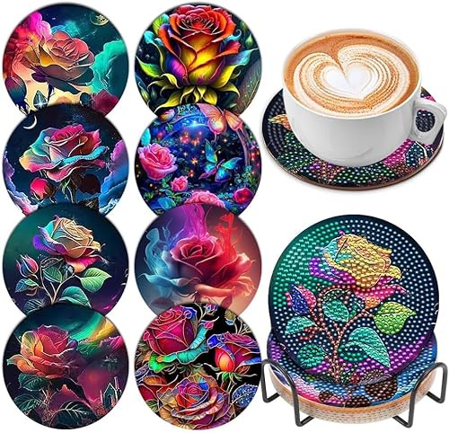 Diamond Painting Sottobicchieri fai da te con diamante, con supporto, antiscivolo, per bevande, rotondi, sottobicchieri da cucina, sottobicchieri (rosa)