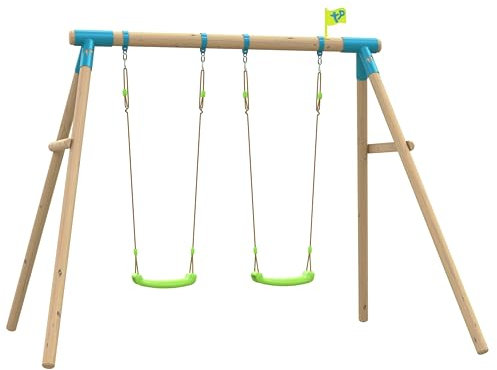 TP Toys Knightswood Compact Wooden Double Swing Set With Two Rapide Swing Seats. Wraparound Swing Collars & Ground Stakes. Double Swing Stand, FSC Certified Timber, Outdoor Hanging Stand - 3 Years+