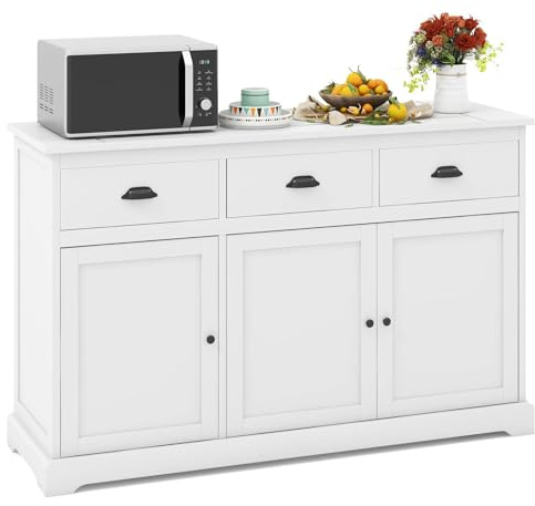 TANGZON Large Buffet Sideboard, Wooden Kitchen Storage Cabinet with 3 Doors, 3 Drawers & Adjustable Shelves, Buffet Cupboard Organiser for Dining Living Room (136x42x86cm,Plain Door, White)