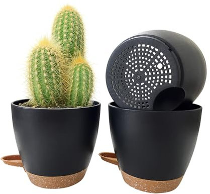 Kalizoi Macetero de 16,5 cm con plato, autoriego con agujeros de drenaje, maceta para plantas interiores y exteriores (juego de 3, negro)