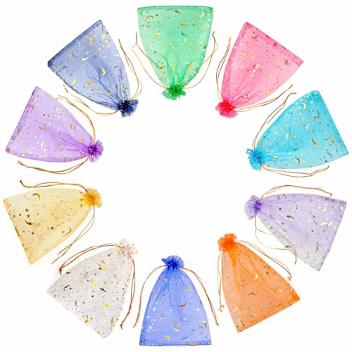 CLTPY 100 Stück Organzasäckchen 20x30cm Bunt Organzabeutel mit Stern und Mond Geschenksäckchen, Organza Säckchen zum Befüllen, Kordelzug Schmuckbeutel, Weihnachtstüte Hochzeiten Parteien