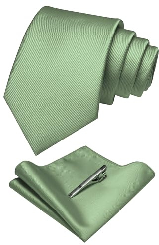 JEMYGINS Set Cravate Homme avec Pochette et Pince a Cravate Unie pour Mariage Business et Ceremonie Vert Gris/Vert Sauge