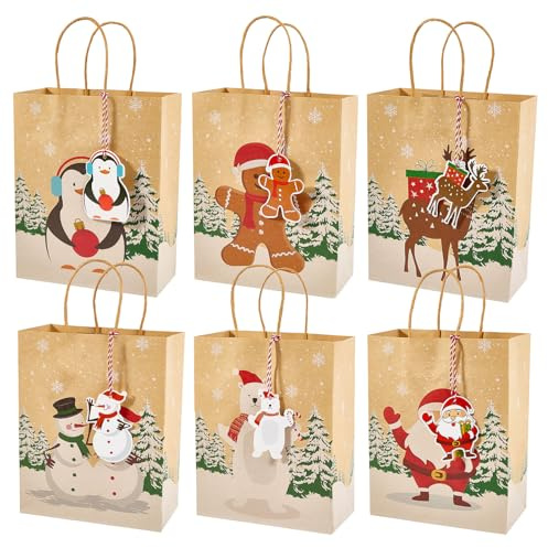 Fuyuleyo 24 Stück Geschenktüten Weihnachten, Weihnachtstüten Papiertüten mit Henkel, Weihnachts Kraftpapier Tüten Geschenktaschen Nikolaustüten Geschenkverpackung Weihnachten