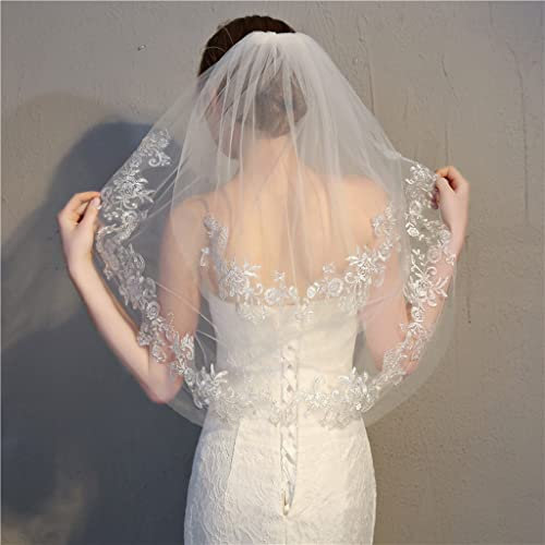 ABNNHK Kurzer Hochzeitsschleier, bestickter Glitzer, silberner Draht, floraler Spitzenbesatz, 2-stufig, appliziertes Brautnetz mit Kamm, Brautschleier (einfarbig, 60 cm und 90 cm)