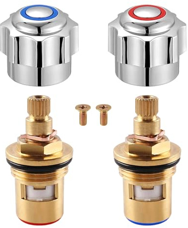 2Pcs Chrome Plated Red and Blue Tap Top, Standard Hot&Cold Tap Top Head Covers with Ceramic Cartridge, Top Head Faucet Cover Set, Sink Tap Top Replacement Head Covers for Bathroom Kitchen