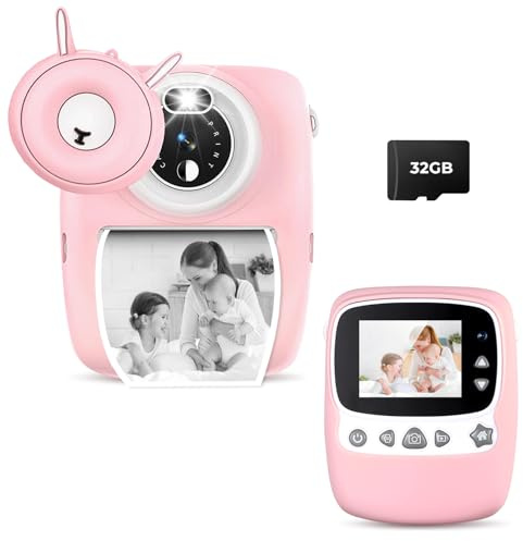 Fine Life Pro Vaca lechera, con tarjeta TF de 32 GB, cámara infantil, 30 MP, 1080P, pantalla de 2,4 pulgadas, cámara de impresión instantánea para niños (rosa)