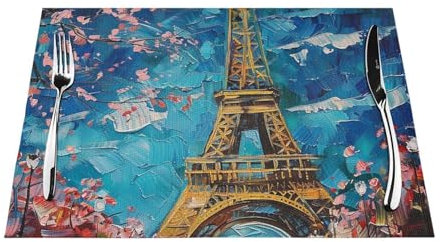 Ölgemälde Paris Eiffelturm bedruckte PVC-Platzsets Set mit 4 Stück, rutschfest, hitzebeständig, für moderne Dekoration, Küche, Esstisch, Hochzeit, 45 x 30 cm