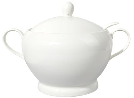 TAOCIGOU Ceramic Soup Tureen with Lid and Ladle, 2.8L Large Capacity Porcelain Soup Serving Bowl with Handles for Home Kitchen Dinner, Microwave and Oven Safe, White