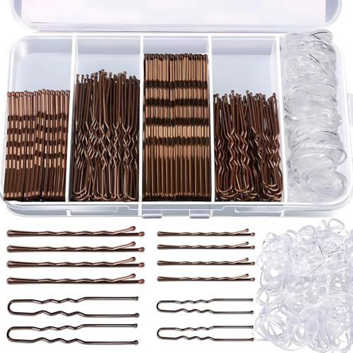 500 Stück Haarnadeln Klein Bobby Pins Set Haarklammern U-förmige Haarnadeln 2inch 2.36inch, Hair Pins 2inch 2.75inch, Durchsichtige Haargummi mit Aufbewahrungsbox für Frauen Mädchen(Braun)