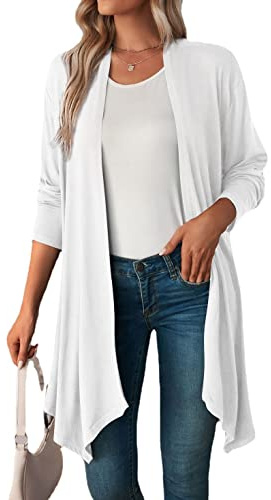 Famulily Lightweight Long Duster Cardigans for Women Open Front Ladies Waterfall Cardigans (S,White)