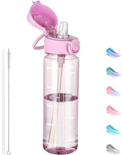 GOPPUS 500ML/17OZ Clear Tritan Water Bottle with Straw Transparent Childrens Drinks Bottle with Carrying Handle See Through Measured Bottles with Flip Top Lid Leakproof Adults Water Bottles BPA Free