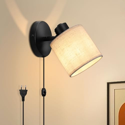 Winverty Wandlampe mit Schalter und Stecker, Dimmbar Wandleuchte mit Kabel Retro, Drehbar 350° Stoffschirm E27 Wand Lampen für Wohnzimmer Schlafzimmer, Ohne Leuchtmittel