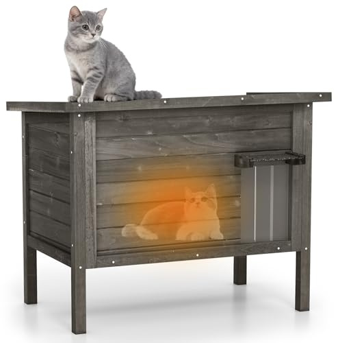 GYMAX Katzenhaus Outdoor Winterfest, Katzenhütte für Draußen aus Tannenholz mit geneigtem Asphaltdach, PVC-Vorhang & Erhohte FuiBe, Wetterfest Katzenhöhle für Winter, 88 x 55 x 69 cm (Schwarz)
