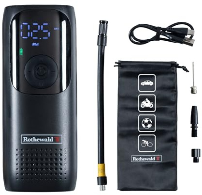Rothewald Akku Druckluftpumpe 10 Bar, Elektrische Luftpumpe mit Digitalem Manometer, Reifenpumpe für Auto Motorrad Fahrrad Ball, Kompressor Akku Tragbar, USB-C Ladeanschluss
