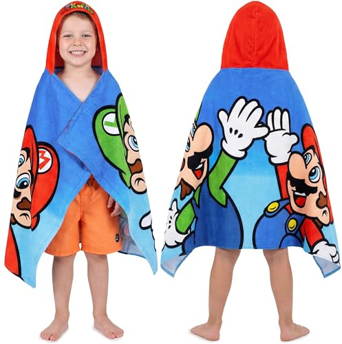 Super Mario Incappucciato Asciugamani Bagno Ragazzi, Assorbente Asciugamano Cotone, Piscina, Nuoto e Asciugamano da Mare, Morbido Poncho da Bagno, Accessori Viaggio, Regalo Ragazzi (Multi Super Mario)
