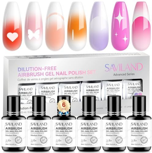 Saviland Avancerad thinnerfri airbrush-gelnagellack: 6 delar gelnagellack för airbrushformel, icke-igensättande airbrushfärg för naglar, full täckning för ombre-nagelsalonger