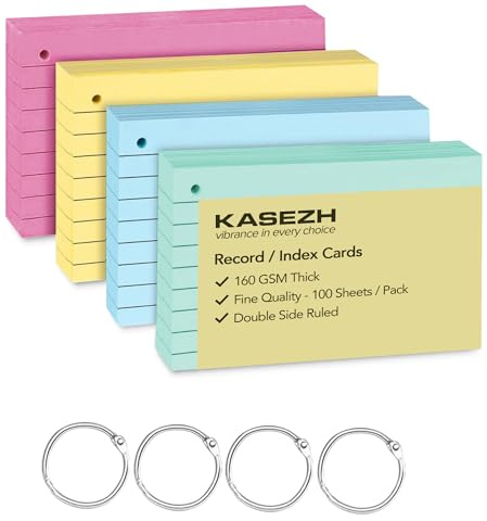 Kasezh 4 Pack (400sheets (5×3) 160 GSM Thick) Double Side Ruled Record Cards with 4 Binder Rings – Colored Index Flashcards (5x3”) Set for School, Home, Study & Projects.