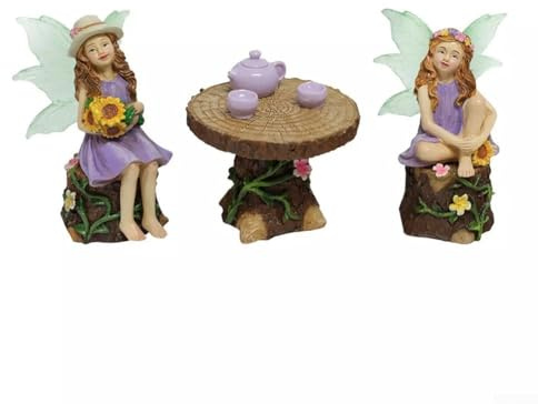 QOXEZY 8 Pack Garden Fairy Figurines Set, Including 2 Fairies 2 Tea Cups 2 Stools 1 Table 1 Teapot, Lightweight Miniature Resin Statues Ornaments Kit For Yard Patio Lawn Decor
