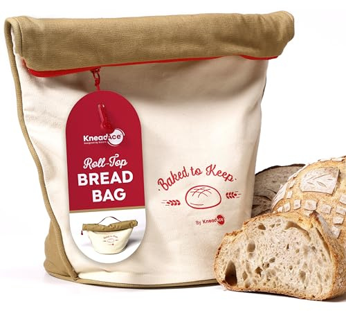 KNEADACE Bread Bag for Homemade Bread, Reusable Roll Top Storage with Zipper, Freezer and Counter Safe, Thick Cotton with Food Safe TPU Lining (Beige/Cream)