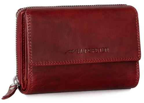 Marc Peter® Rosie Damen Geldbeutel Leder RFID Geldbörse Groß Vintage Portemonnaie für Damen Ledergeldbörse mit Reißverschluss in Geschenkbox Echtleder Rot