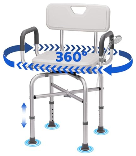 Sedia da doccia girevole a 360° per doccia interna, sedia da doccia girevole da 226,8 kg, con braccioli e schienale, altezza regolabile, per anziani e disabili, con design stabile antiscivolo