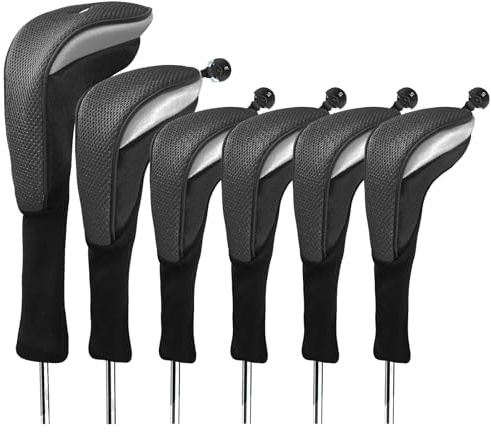 BRAMASOLE Golf Club Head Covers for Woods Driver Fairway Hybrids Value 6 Pack, Long Neck for Serious Protection with Interchangeable Tags 3 4 5 7 X, Headcovers for Men Women in Black & Pink (Black)