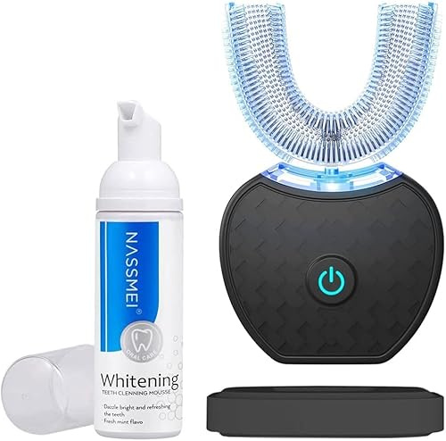 Cepillo de Dientes Ultrasónico Automático, Cepillo de Dientes Eléctrico con Limpieza 360°, Diseño en Forma de U, 4 Modos, Cepillo Blanqueador con Temporizador, para Adultos (Negro)