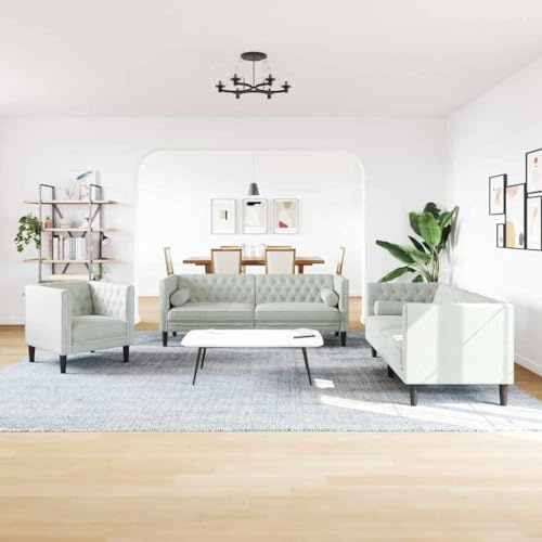 Teenpull Sofa Set Hellgrau Samt, 6-Sitzer Wohnzimmer Couchgarnitur, Traditionelles Design, Robuste Kunststoffbeine, Weiche Polsterung für Komfort
