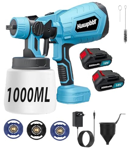 HVLP Akku Farbspritzpistole,Farbsprühsystem Akku, mit 1000ml Farbbehälter, 3 Düsen, 45 m²-15 Min, LED-Licht, Lackierpistole für Möbel, Wände & Zäune(2X3.0Ah Akku)