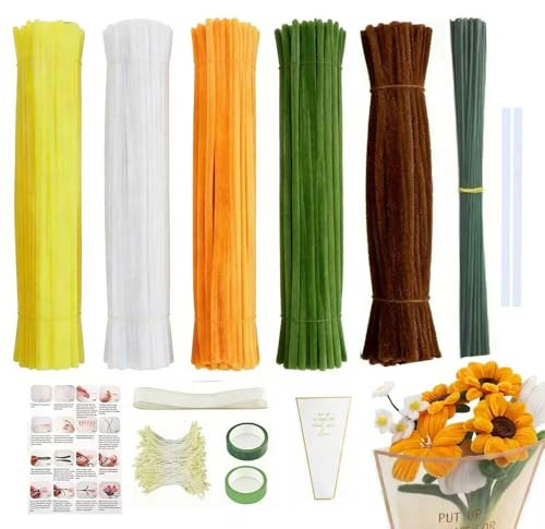 500 Stück Pfeifenputzer Blumen Set mit Anleitung, Pfeifenreiniger Zum Basteln, Pipe Cleaner Flower Set, Mit Blumenstöcke, Klebebandrollen, Bänder, Staubgefäße Etc, Für DIY Basteln Und Dekorieren