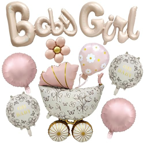8 Stück Babyparty Deko Mädchen, Helium Baby Girl Balloon | Vintage Babywagen Ballon Partydeco, Rosa BallonBaby, Welcome Home Baby Girl, für Geschlecht Offenbarung