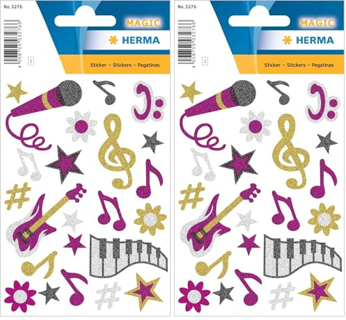 HERMA 3276 Aufkleber Musik Glitzer, 22 Stück, Musiknoten Sticker mit Mikrofon Gitarre Notenschlüssel Blumen Sterne Motiv, Kinder Etiketten für Fotoalbum Tagebuch Poesiealbum Scrapbooking Geburtstag