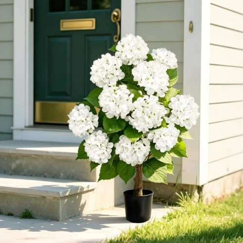 VUAHAUL White Artificial Hydrangea Tree 31.5'', Potted Hydrangea Flowers | 14 Heads, Faux Silk flowers Bush for outdoor , UV-resistant Plants with Pot, for Home Front Porch Patio Garden Room Decor