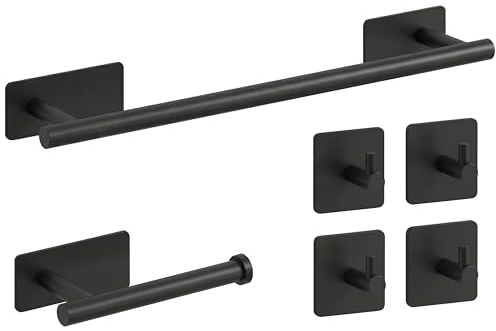 Steel Soul – Set Accessori Bagno Nero Opaco Adesivi in Acciaio Inox 304 – Porta Asciugamani, Porta Rotolo e Ganci – Adesivo 3M VHB – Installazione Senza Fori – 6 Pezzi