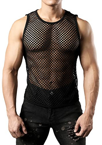JOGAL Herren Muskel Transparent Shirts ärmellos Netz Unterhemd XX-Large Schwarz