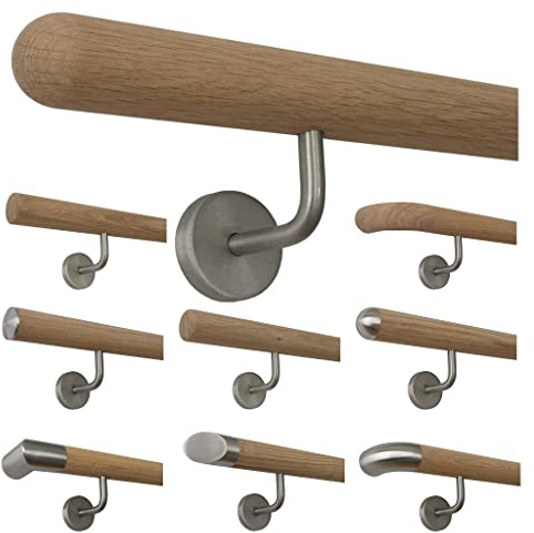 TIBU Holz Handlauf Eiche unbehandelt Geländer Wandhandlauf Treppe Wand 30-500cm mit gewinkelten Edelstahl Halter, Länge: 400 mm mit 2 Halter - Enden: Halbkugel gefräst