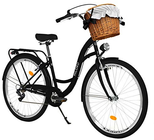 MILORD. 26 Zoll 7-Gang schwarz Komfort Fahrrad mit Korb und Rückenträger, Hollandrad, Damenfahrrad, Citybike, Cityrad, Retro, Vintage