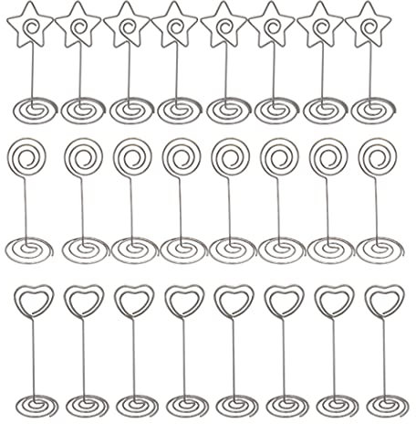 Hoshen 24 Stück gemischte Form Desktop Fotohalter Menühalter Hochzeit Tisch Visitenkartenhalter Fotohalter (herzförmig, rund, fünfzackiger Stern) Silber