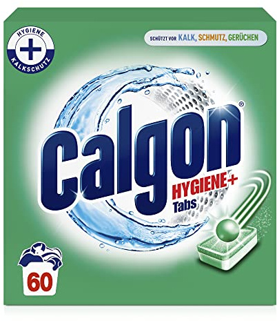 Calgon Hygiene+ Tabs – Schutz vor Kalkablagerungen und Schmutz – Wasserenthärter mit Hygieneschutz für die Waschmaschine – 1 x 60 Tabs