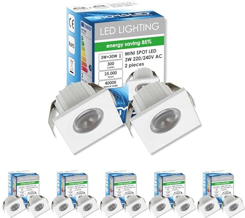 SIGMALED LIGHTING, Mini-LED-Einbaustrahler 3W, dimmbar, Neutralweiß 4000K, 300 Lm, Quadratisch Einbauspot, 220/240V AC, 10er-Pack (5 Boxen mit 2 Stuck)