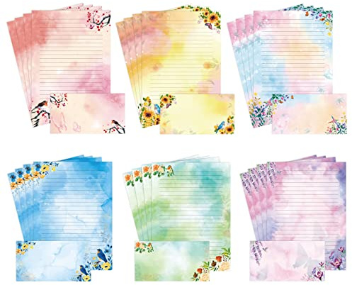Lined Stationary Paper and Envelopes Set A4 Size Floral Bird Watercolor Stationary Set with Lined Letter Writing Paper - 48 Sheets + 24 Envelopes