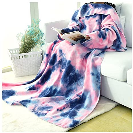 CFlong Tragbare Kuscheldecke, Tie-Dye Decke Mit Ärmeln Für Erwachsene Couch TV-Decke, Weiche Warme Kuschelige Decke, Ärmeldecke Lounge-Decke Für Damen Herren (Pink-Blue,137X180CM)