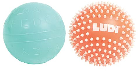 LUDI Sensorball Duo, Verschiedene Texturen, stimuliert Berührung, Geschicklichkeit und Koordination, 13 cm, ab 6 Monaten, Pfirsich, Wassergrün