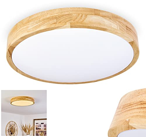 HOFSTEIN LED Deckenleuchte Samaira, Deckenlampe aus Holz/Metall/Kunststoff in Naturfarben/Weiß, moderne Leuchte im skandinavischen Design, Ø 39 cm, 22 Watt, 2200 Lumen, 3000 Kelvin, Wohnzimmer, Küche