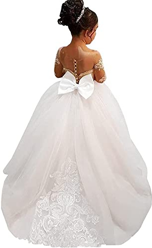 ABaoWedding Lace Embroidery Sheer Long Sleeves Kids Trailing Gowns Wedding Party (White, 6)