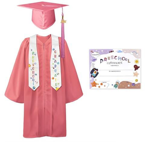 GraduatePro Kids Graduation Cap and Gown Stole Outfit 2026 Nursery Preschool Toddler Child Costume Matte Hat Set Pink 30