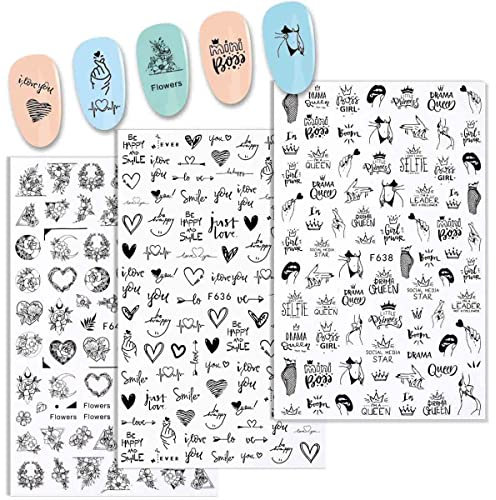 Nagelsticker Selbstklebend,Abstrakt 3D Schwarz Nagelaufkleber DIY Maniküre (7Blatt)