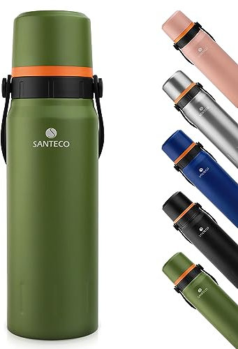 SANTECO Thermoskanne Thermosflasche Edelstahl 1,2L - Auslaufsichere Thermoskanne mit Trinkbecher für unterwegs- BPA-frei - Isolierflasche Kaffee & Tee für Kinder, Sport, Schule - 24H Kalt & 12H Heiß