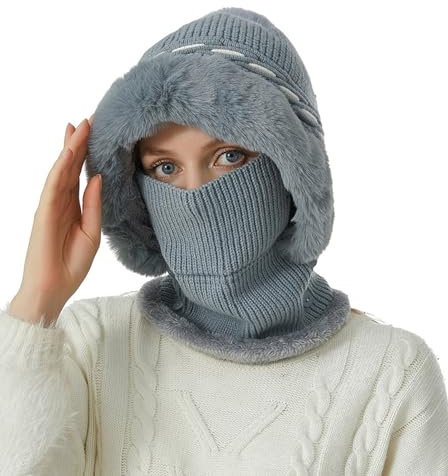 crazy bean Wintermütze Strickmütze Nackenwärmer Winter Stricken Mütze Damen Gesichtsabdeckung Warme Kopfhaube Outdoor (Grau)